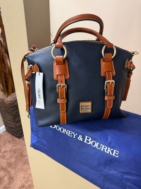 Dooney & Bourke Black Pebble Leather Satchel with Tan Trim